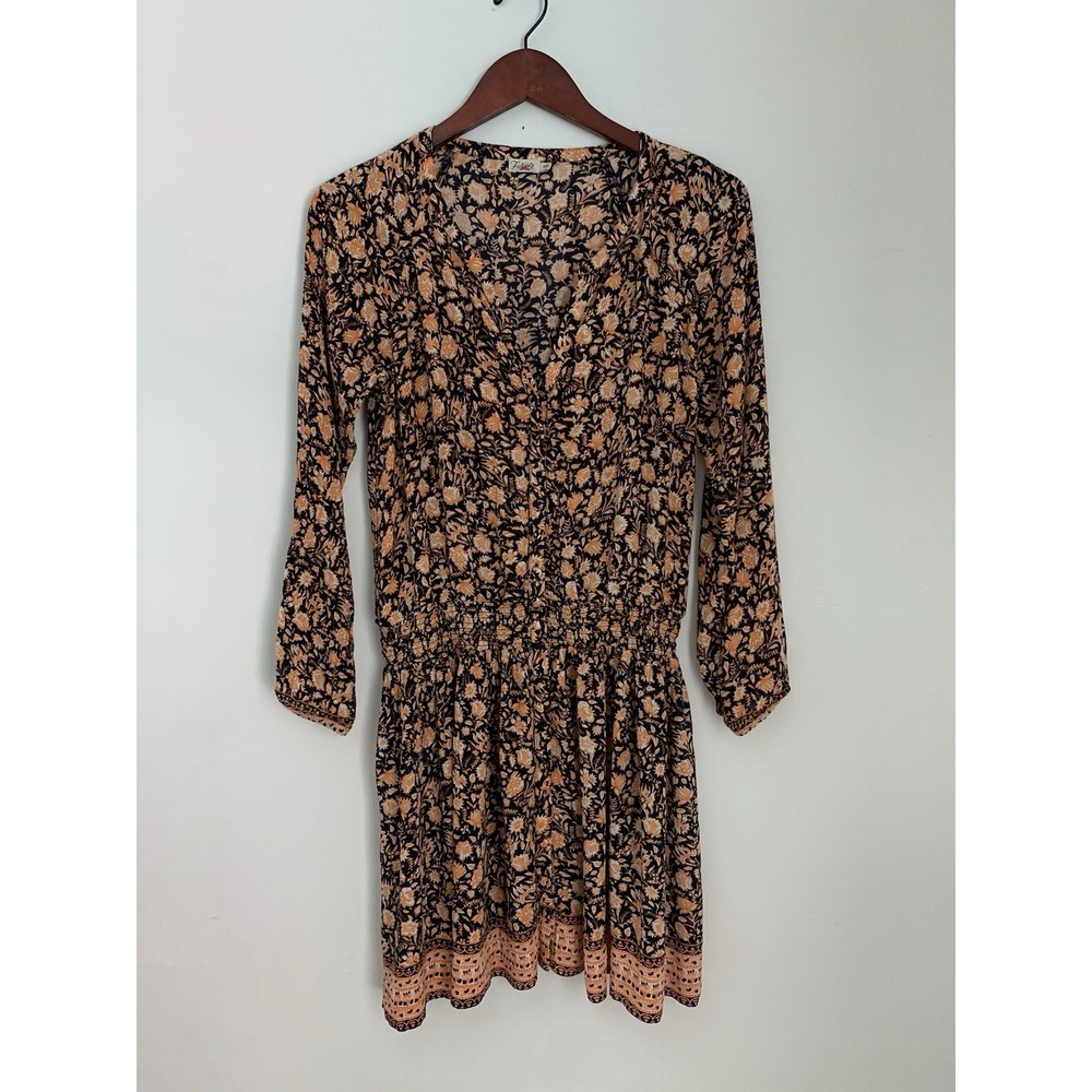 FAHERTY Reva Dress Sz M Wanderlust Floral Long Sleeve Smocked Waist Boho Travel